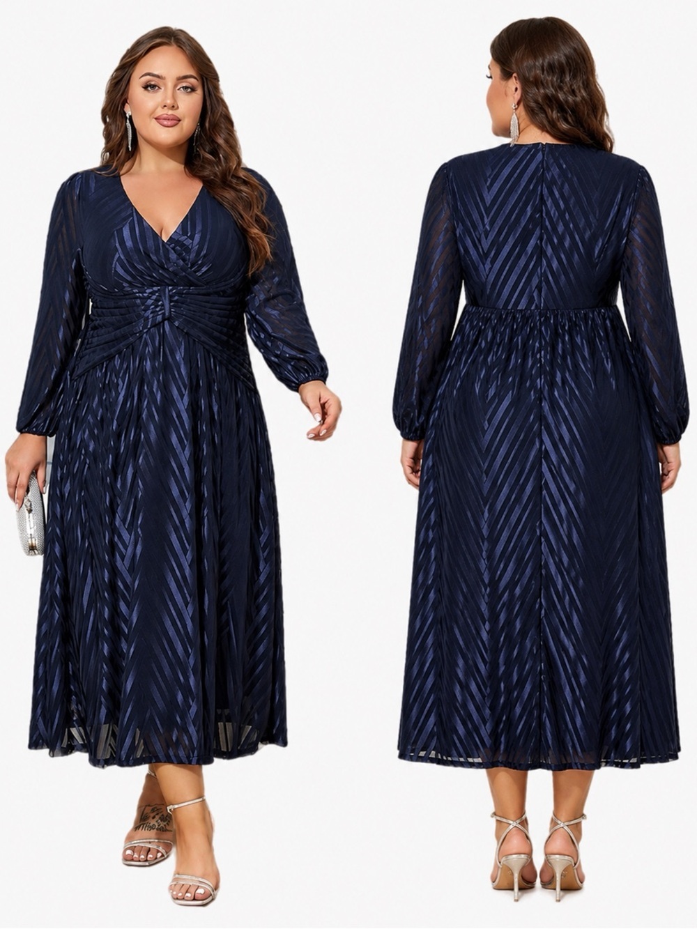 NEW Plus Size Women’s 5X Navy Blue V-Neck Long Sleeve Jacquard Mesh Midi Dress